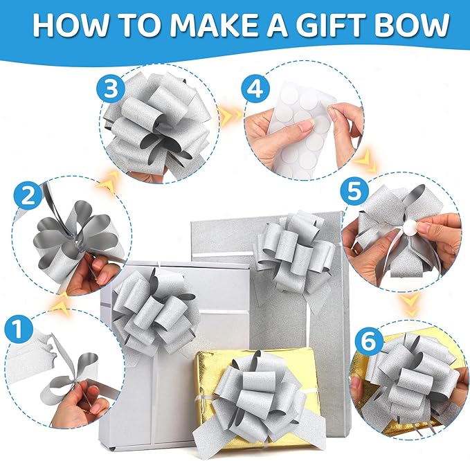 20 pcs Silver Pull Bow for Gift Basket Wrapping Xmas Gift Bows Presents Adhesive Wrap Ribbon Bow for Christmas Tree Ornament Wine Bottles Bouquet Flower Valentine's Day Party Decor (Silver-L)