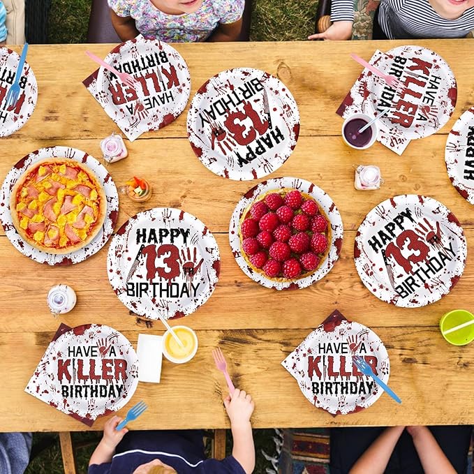 Grencian 96Pcs Killer Happy 13th Birthday Party Supplies Red and Black Bloody Hand Themed Paper Plates and Napkins Horror Tableware for Boy Girl 13th Stranger Birthday Party Decorations Serve 24