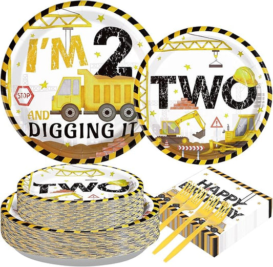 200Pcs Construction 2nd Birthday Party Supplies Construction Truck Plates and Napkins Tableware Sets Excavator Birthday Decorations Favors for Boys Tractor Dump Two Years Old Decor, Serves 50