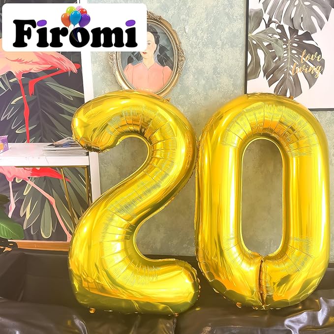 FIROMI 20 Number Balloons Gold Big Giant Jumbo Huge Foil Mylar 20 Balloon Numbers for 20th Birthday Party Anniversary Events Decorations 40-inches