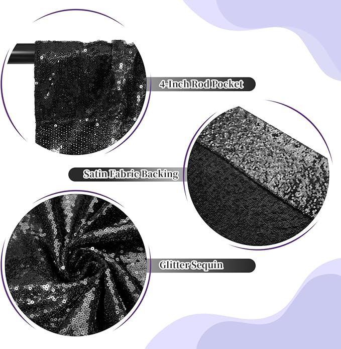 SquarePie 8x8ft Black Sequin Backdrop for Photography, Satin-Backed Real Sequin Curtain, Enhanced Coverage Shimmering Background with 4" Rod Pocket for Wedding, Birthday, Party Decor, 1 Panel