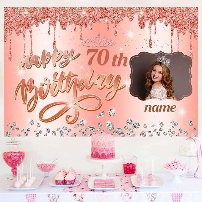 Dicodes Customizable Rose Gold Happy 70th Birthday Decoration Banner - Personalized with Name and Photo(70th)