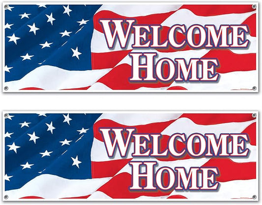 Beistle Welcome Home Sign Banners, 21” x 5’, 2 Pack – Service Personnel Homecoming Decorations, Welcoming Party Supplies for Indoors & Outdoors, American Flag Themed Décor with Stars & Stripes