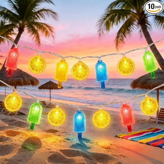 8.5FT Popsicle and Lemon String Lights, Tropical Beach Decorations Lights with 10 Multicolor Popsicle Lemon Bulbs, UL Listed Waterproof Fairy Lights for Summer Party Patio Bedroom Holiday Camping