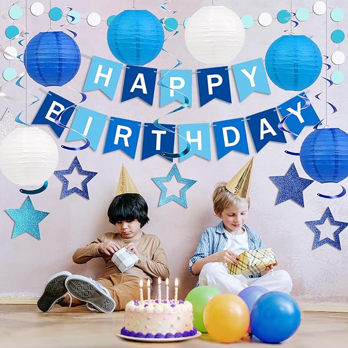 Happy Birthday Decorations, Blue Birthday Party Decorations Set with Happy Birthday Banner, Paper Lanterns, Star Swirl Hanging Decorations & Circle Dots Garland