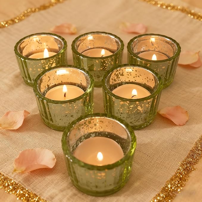 Round Clear Votive Candle Holders Set of 12, Purple Wedding Centerpiece Table Decorations, Mercury Glass Tealight Candle Holder for Bridal Shower, Baby Shower & Home Decor (Green)