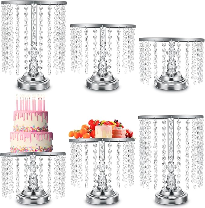 Bokon 6 Pcs Crystal Cake Stand Round Dessert Cupcake Holder Metal Stand Table Cake Pedestal with Crystal Pendant Wedding Bead Dessert Cupcake Pastry Display Plate for Wedding Birthday Party (Silver)