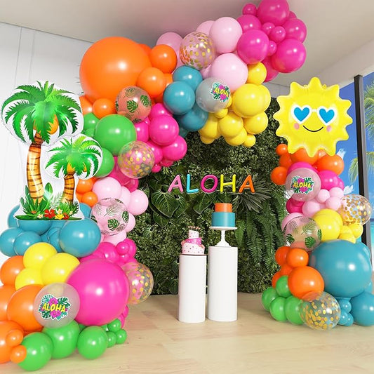 Amandir 165Pcs Summer Aloha Tropical Balloon Arch Garland Kit, Hot Pink Green Orange Blue Yellow Foil Coconut Sun Palm Leaves Neon Rainbow Balloons for Hawaiian Luau Pool Birthday Party Decorations