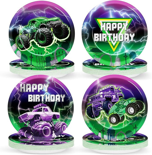 48Pcs Green Purple Monster Truck Party Paper Plates 7” Monster Truck Birthday Party Supplies Racing Car Theme Disposable Dessert Dinner Plates Tableware for Kids Boys Baby Shower Birthday Decoration