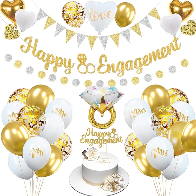 BANBALLON Engagement Party Decorations Gold and White Banner Balloons Cake Toppers Mrs and Mr Balloons Decorations for Engagement Theme Party Wedding Bridal Party Decorations Supplies (Style 01)