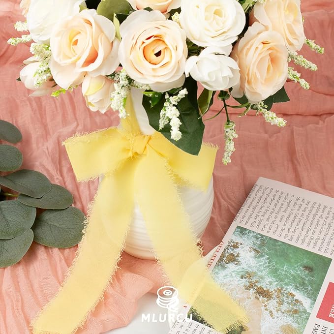Yellow Chiffon Ribbon, 1-1/2 Inch x 21 Yards, Handmade Fringe, Silk, Boho Frayed, Cream Yellow, Gift Wrapping, Wedding Invitation, Bridal Flower Bouquets