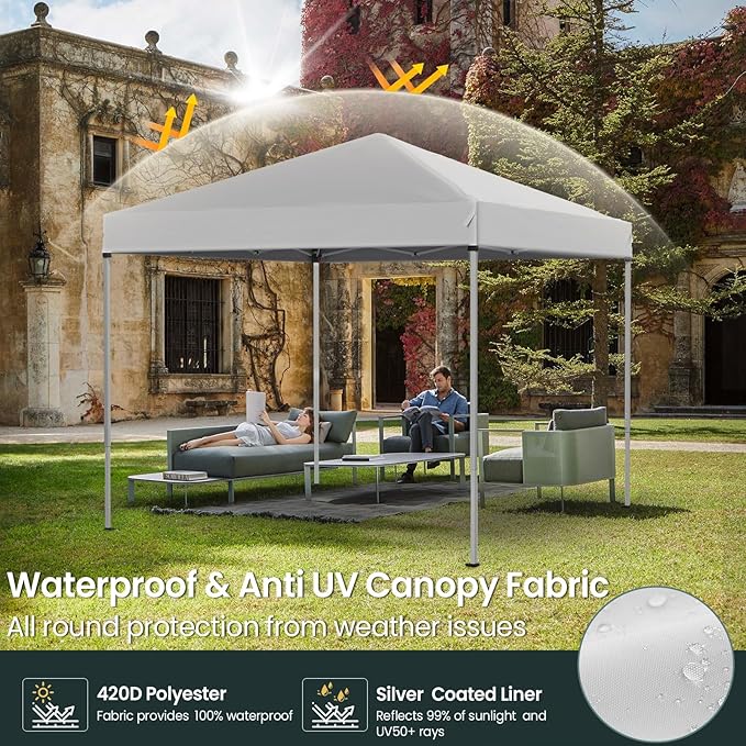 Shades 10x10 Pop Up Canopy, Heavy Duty Beach Tent with Carrying Bag for Easy Moving, Sun Shelter for Parties, Events, Camping, Outdoor Gazebo with 420D PU Coated Waterproof White Fabric