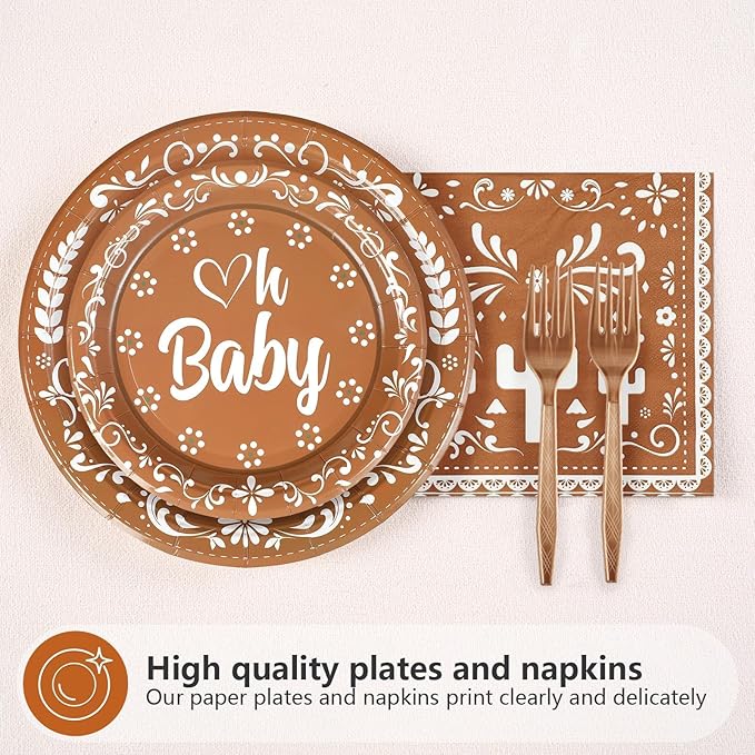 96Pcs Brown Cielito Lindo Party Decorations Mexican Fiesta Plates and Napkins Cielito Lindo Baby Shower Tableware Set for Cinco De Mayo Baby Shower Mexican Talavera Birthday Party Supplies, Serves 24