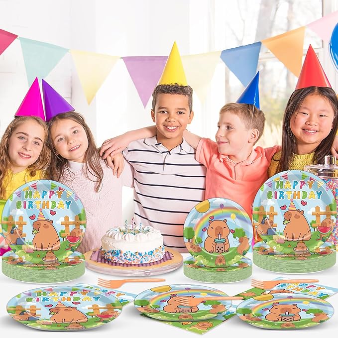 96PCS Capy Themed Bara Birthday Party Supplies Cute Cartoon Capy Paper Plates and Napkins Kapybara Themed Disposable Tableware Animal Dinnerware Decorations Set for Kids Birthday Baby Shower Serves24