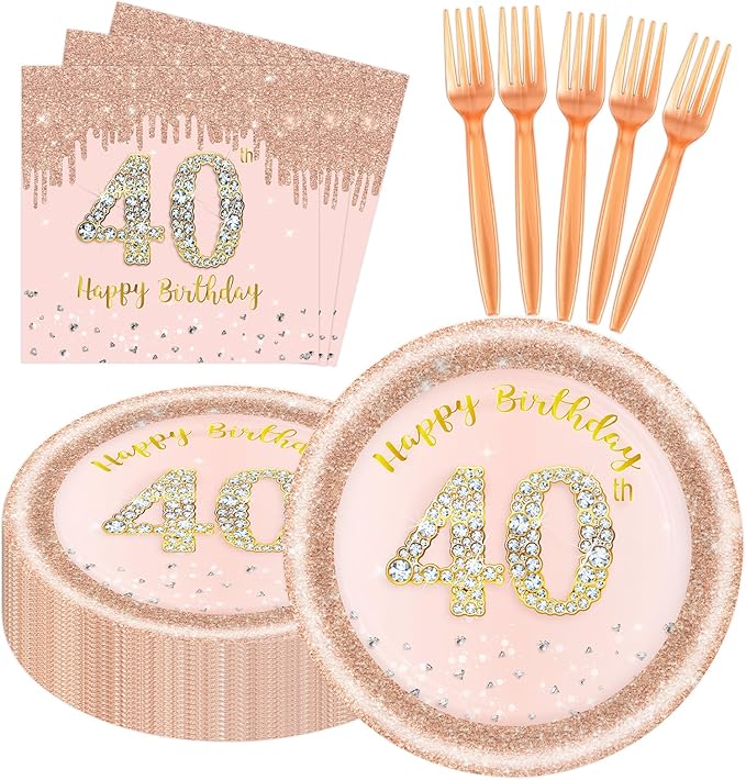 60 PCS 40th Birthday Decorations for Women, 40th Birthday Plates and Napkins Rose Gold Disposable Tableware Set Party Supplies for Women Cheers to 40 Years Anniversary (40TH)
