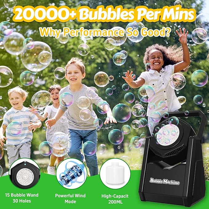 Bubble Machine, Bubble Blower for Party 90°Adjustable, Durable Automatic Bubbles Toys for Kids 20000+ Bubbles Per Mins, Bubble Maker with Bubble Concentrate Operated by Batteries for Indoor Outdoor