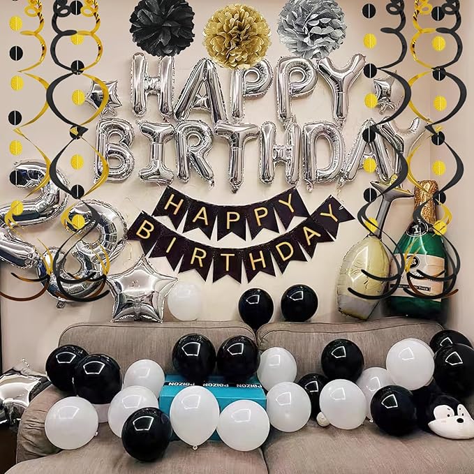 PATYDECRO Birthday Decorations, Happy Birthday Banner with Stars Hanging Swirl Streamers Honeycomb Balls Paper Circle Garland For Party Supplies（Black Gold Silver）