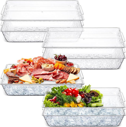 Baderke 4 Set 16" x 9" Plastic Chilled Serving Tray for Parties with Compartments Ice Chilled Party Platter Charcuterie Serving Board Cold Dish Dip for Fruit Seafood Vegetable Appetizer (Clear)