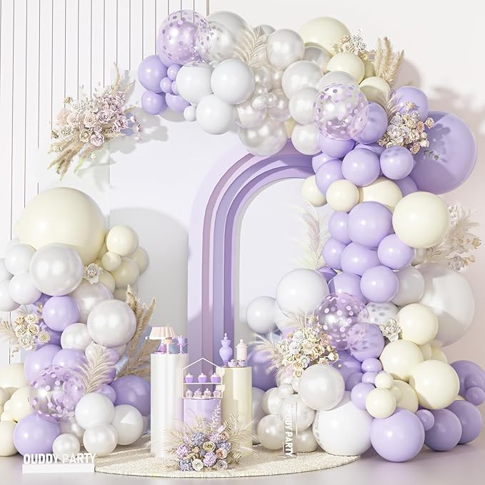 Ouddy Party Pastel Purple White Balloons Garland Arch Kit, Different Sizes 18 12 10 5 Inch Lavender Lilac Pearl White Ivory Latex Confetti Balloon for Wedding Bridal Shower Birthday Party Decorations