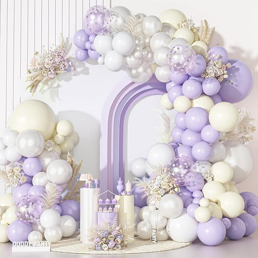 Ouddy Party Pastel Purple White Balloons Garland Arch Kit, Different Sizes 18 12 10 5 Inch Lavender Lilac Pearl White Ivory Latex Confetti Balloon for Wedding Bridal Shower Birthday Party Decorations