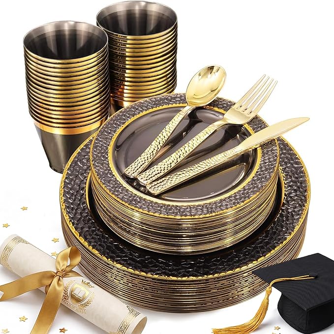 Nervure 150PCS Clear Black Plastic Plates - Gold Party Plates - Black and Gold Dinnerware Set Include: 50 Plate, 25Cups, 25Forks, 25Knives, 25Spoons for New Year & Party & Halloween