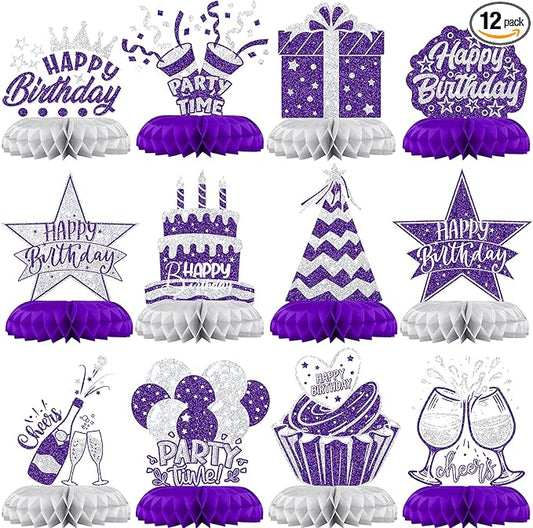 Purple and Silver Birthday Decorations – 12PCS Honeycomb Table Centerpieces for Women Adults – Happy Birthday Table Decor Party Supplies
