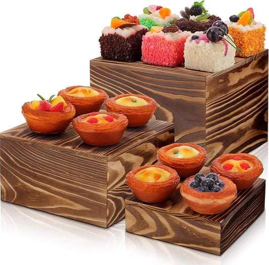 Barydat 3 Pcs Vintage Brown Wood Cake Stand Rustic Wooden Display Risers for Party Display Square Stackable Display Box for Dessert Appetizer Storage Organizer Engagement Reception Wedding Party