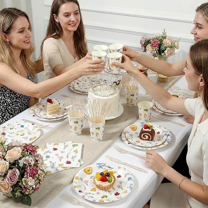 144Pcs Spring Wildflower Party Supplies Birthday Decorations Paper Plates Napkins Vintage Puppy Party Tableware Disposable Dinnerware Set for Baby In Bloom Baby Shower Decoration Decor, Serve 24