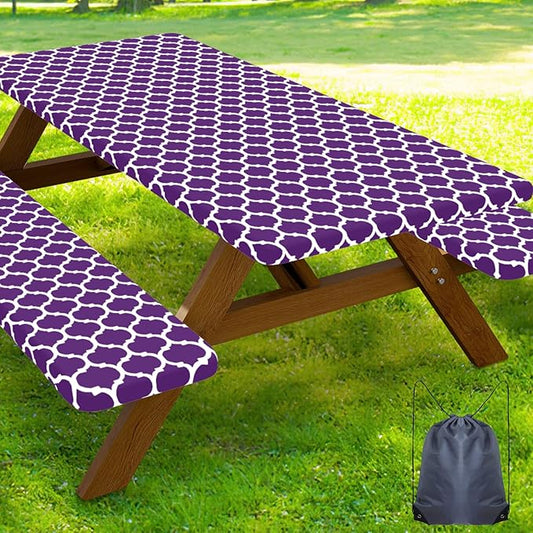 Smiry Picnic Table Cover with Bench Covers, Waterproof Elastic Fitted Tablecloth for 8 Foot Tables, Washable Polyester Tablecloths for Camping, Indoor & Outdoor (Purple, 30x96 Inch 3-pc Set)