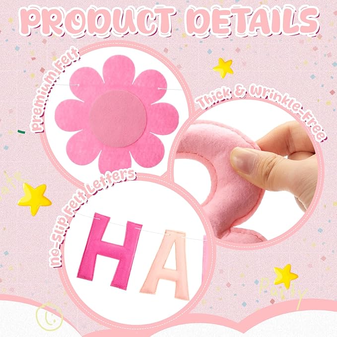 Mindsoft Pre Strung 3 Pcs Happy Birthday Banner Felt Ball Garland Pink and White Flower Banner Reusable Bulk Pink Birthday Decorations for Girls Boys Women Men