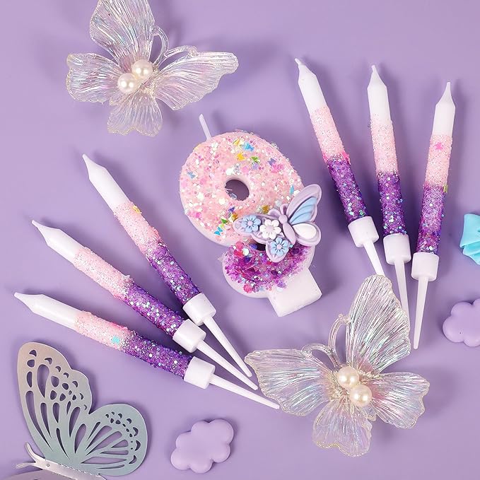 AKURIEEY Butterfly 9th Birthday Candle Purple Number 9 Candle with 6 Pcs Long Candles for Girls Cake Topper Cupcake Decor Party Decoration Anniversary Celebrations Supplies