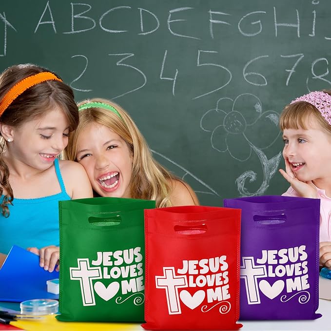 Wesnoy 48 Pcs First Communion Jesus Loves Me Gift Bags Bulk Religious Christian Church Cross Goodie Snack Treat Candy Rainbow Bags Non Woven for Baptism Party Favors