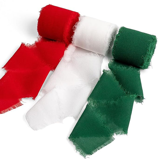 Christmas Ribbon, Red Green White Silk Chiffon 1-1/2''x21Yd Handmade Frayed Fringe Ribbon for Gift Wrapping, Floral Vase Decor, Christmas Tree Decor, Birthday, Showers, 3 Rolls