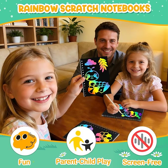 ZMLM 24 Pack Scratch Art Party Favors for Kids 4-8 – Individually Wrapped Rainbow Notebooks, Mess-Free Goodie Bag Stuffers, Non-Candy, Classroom Prizes, Travel Crafts for Boys Girls(Nature)