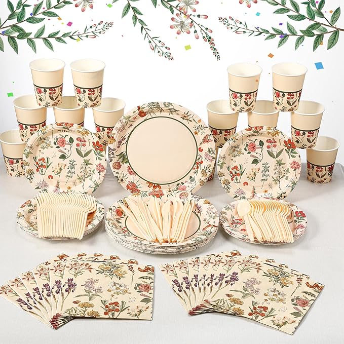 Roshtia Floral Party Supplies Set for 50 Guests - Watercolor Flowers Paper Plates & Napkins, Disposable Dinnerware for Women & Girls Birthday, Vintage Tea Party & Baby Shower Tableware
