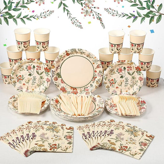 Roshtia Floral Party Supplies Set for 50 Guests - Watercolor Flowers Paper Plates & Napkins, Disposable Dinnerware for Women & Girls Birthday, Vintage Tea Party & Baby Shower Tableware