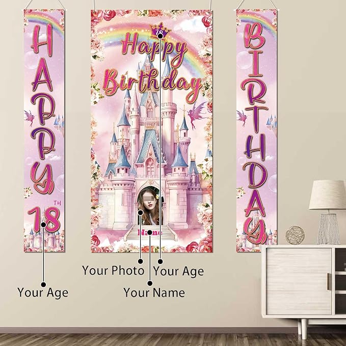 Custom Photo Birthday Banner Set Personalized Door Banners Polyster Backdrop Party Decorations Supplies Background for Birthday Newborn Baby Shower Celebration(Castle)