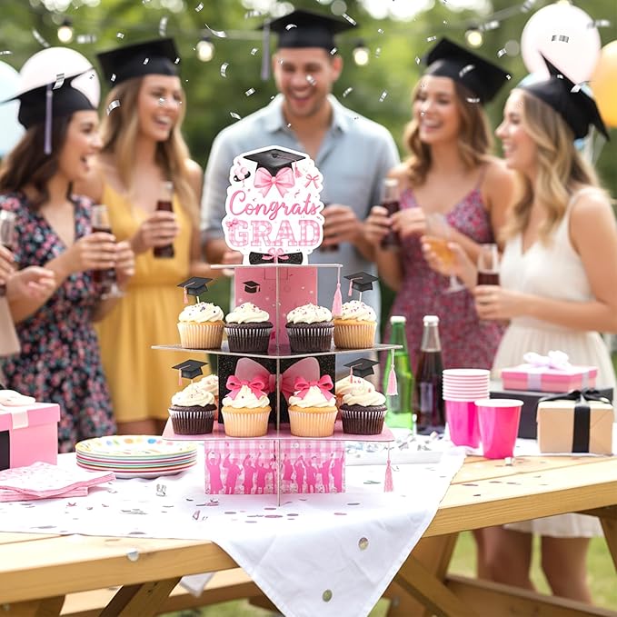 Haooryx Pink Bow Graduation Cupcake Stand - 3 Tier Graduation Hat Tie Cupcake Tower Cardboard Dessert Stand Candy Dount Dessert Holder for College High School Congrats Grad Party Decoration Supplies