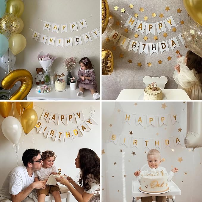 Happy Birthday Banner Signs with Shiny Gold Letters, Gold Birthday Party Decorations for Women Men Girls Boys