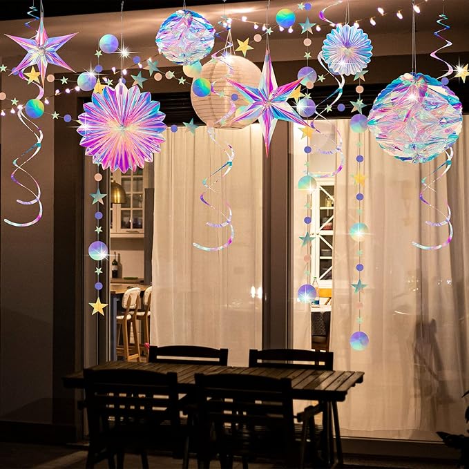 29 Pieces Iridescent Holographic Party Supplies Kit with Hanging Honeycomb Ball Decorative Paper Fan Snowflake Garlands White Star Hanging Swirl Decorations for Birthday Wedding Party Home