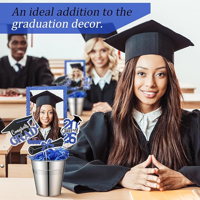 Foilswirl 6 Set 2026 Graduation Table Centerpieces Photo Table Toppers with Small Galvanized Buckets and Shredded Paper Filler for Class of 2026 Graduation Party Decoration(Blue)