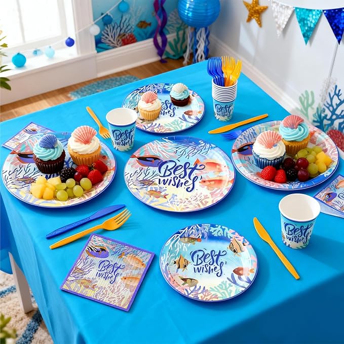 144Pcs Under the Sea Animal Birthday Party Supplies Decorations Paper Plates Napkins Vintage Party Tableware Disposable Tropical Ocean Dinnerware Set for Kids Birthday Baby Shower Table Decor Serve 24