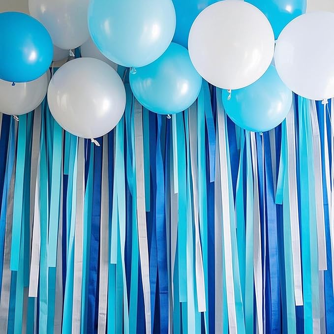 Blue and White Streamers, 2.2" x 123 Ft, 6 Rolls Crepe Paper Streamers Party Supplies for Under The Sea Shark Ocean Themed Birthday Baby Shower Wedding Graduation Decorations, DIY Crafts