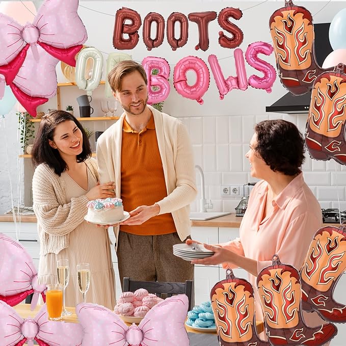 19Pcs Boots or Bows Gender Reveal Decorations Aluminum Foil Balloons Kit Cowgirl or Cowboy Western Boot Balloon Pink Bow Balloon Birthday Western Themed Party Baby Shower Gender Reveal Party Supplies