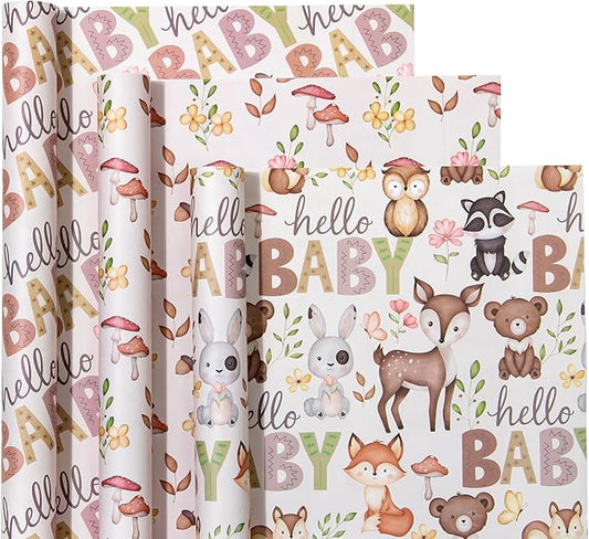 WRAPAHOLIC Kraft Baby Shower Wrapping Paper - Mini Roll - 3 Rolls - 17 Inch x 120 Inch - Little Woodland Animal Wrapping Paper for Baby Shower, Kids Girls Boys Birthday