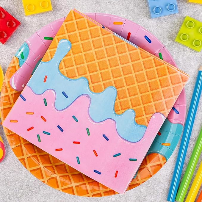 40 Pcs Ice Cream Plates and Napkins Party Supplies,Disposable Ice Cream Paper Plates and Napkins Tableware Set for Birthday Baby Shower Sweet Summer Ice Party Serve 20 Guests