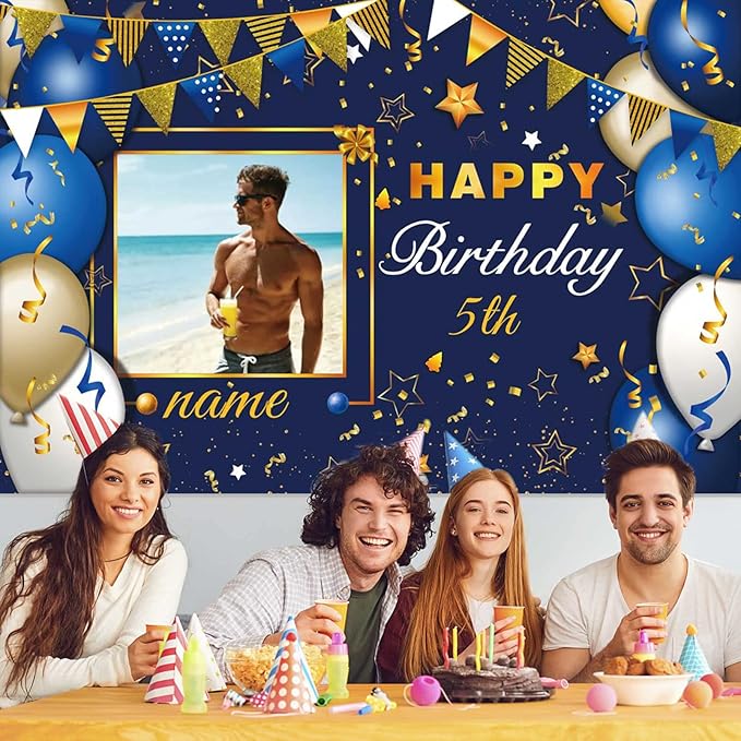 Custom Navy Blue and Gold Happy Birthday Sign Birthday Party Decorations Supplies Personalized Navy Blue Backdrop Banner (4x6ft)