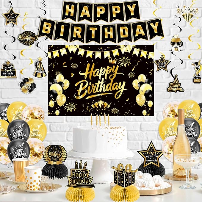 Black Gold Birthday Decorations for Men Women, Pre-Strung Happy Birthday Banner with Backdrop, Balloons,Honeycomb Centerpieces & Streamers Kit