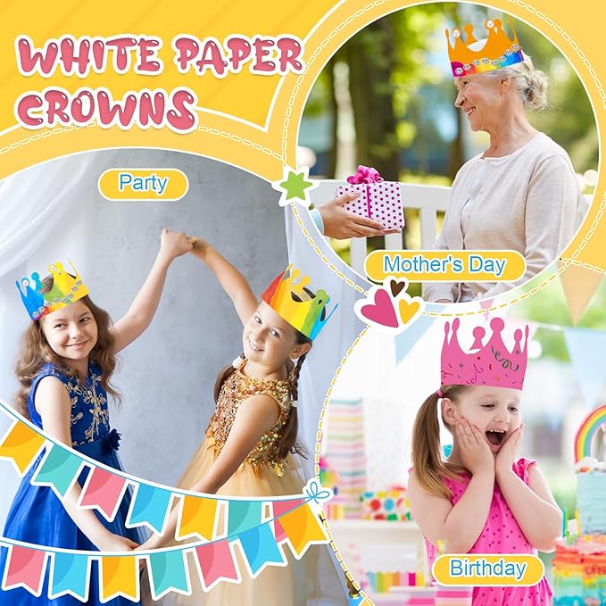 Jetec 100 Pcs White Paper Crowns Kids DIY Birthday Crowns for Classroom Birthday Party Hats Decorations Baby Shower Supplies (Traditional)