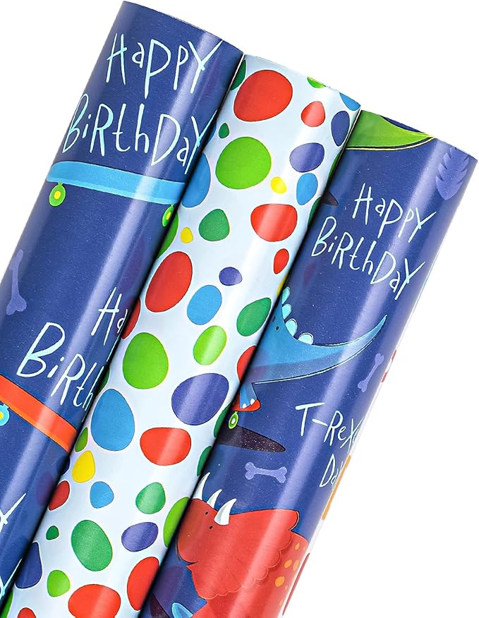 WRAPAHOLIC Dinosaur Wrapping Paper Roll - Mini Roll - 3 Rolls - 17 Inch X 120 Inch Per Roll - Happy Birthday Dinosaurs Design for Kids Birthday, Baby Shower